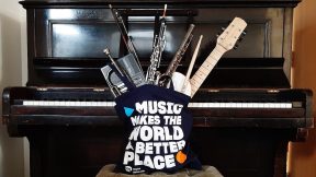 Tote bag with a selection of instruments from home, by Dougal Perman